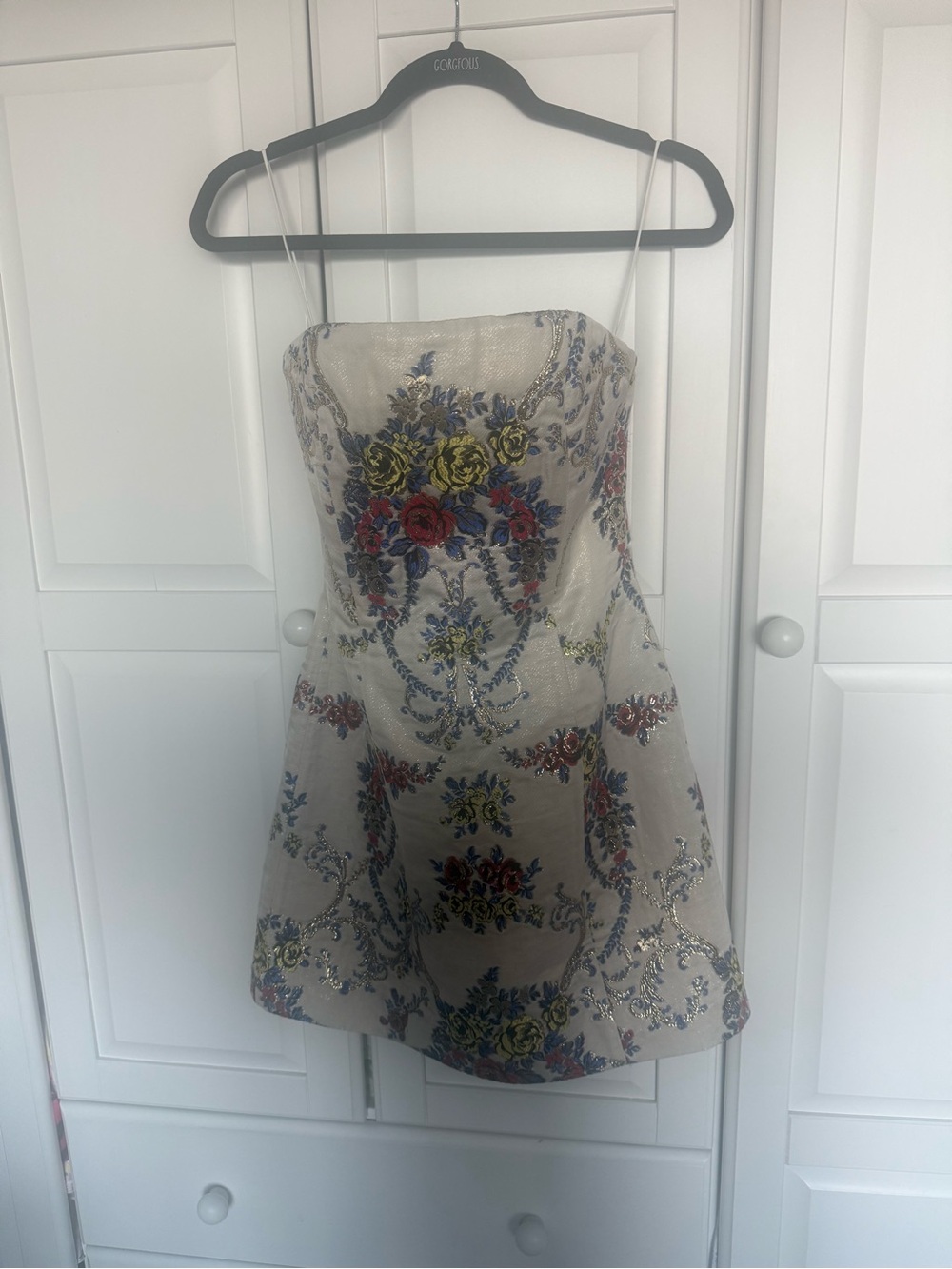 Alice + Olivia Strapless Floral Brocade Dress in Cream, Red, Blue, Yellow